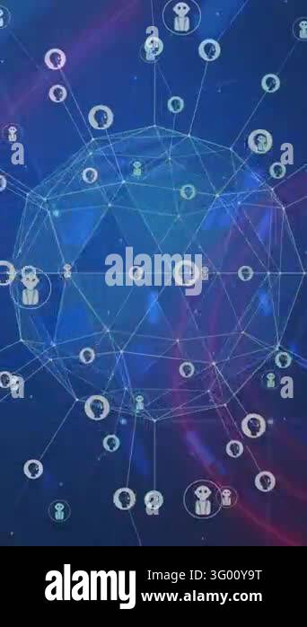 Animation of network of connections with robot icons over digital ...