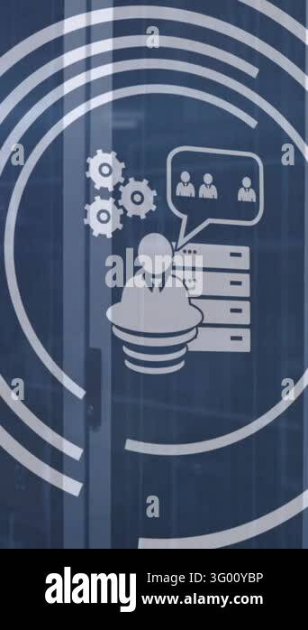 Animation of multiple digital icons and light spot against computer ...