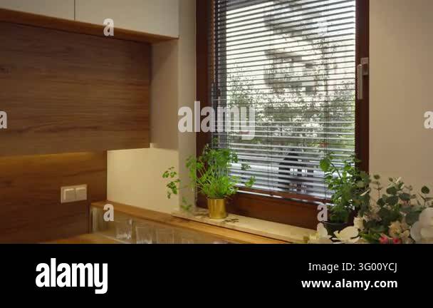 Kitchen window with horizontal blinds illuminates a wooden countertop ...