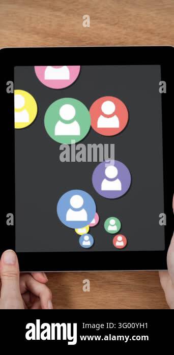 Animation of media icons over hands with tablet. Social media and ...