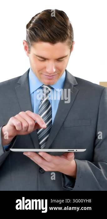 Tablet Backgrounds Technology Animation of businessman using tablet with stacks of boxes on white ...