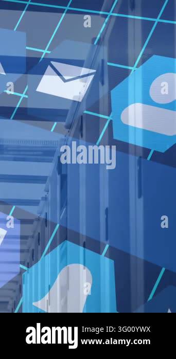 Animation of media icons over server room. social media and ...