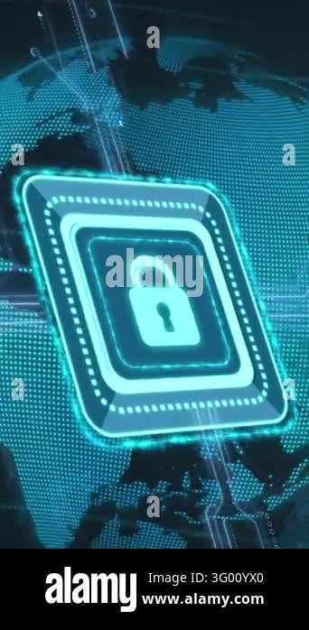 Animation of padlock icon over globe. Global business and digital ...