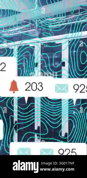 Animation of icon and changing numbers in message boxes over abstract ...