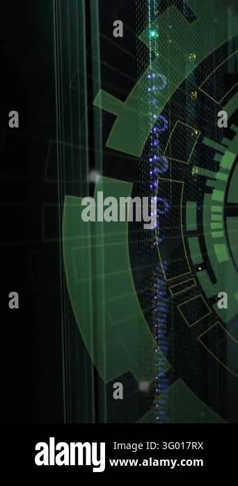 Animation of green round scanner spinning against computer server room ...