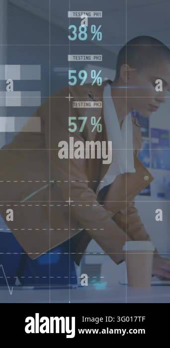 Animation of statistical data processing against woman using laptop at ...