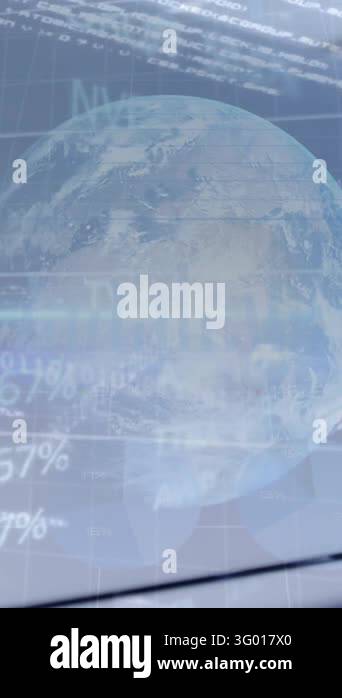Animation of financial data processing against boy smiling while using ...