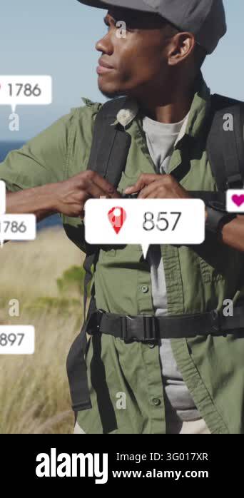 Animation of social media icons over african american man tightening ...