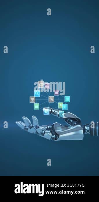 Animation of network of media icons over hand of robot arm, with moving ...