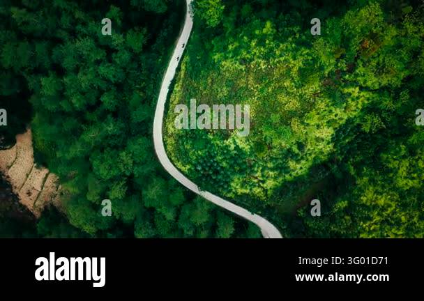 An aerial view follows a winding road through forest fields and ...
