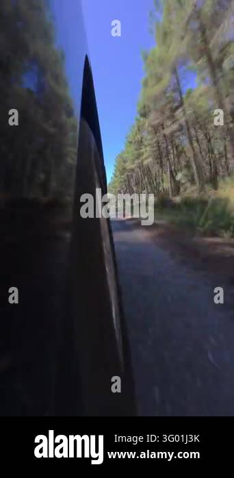 Low-angle vertical shot of a vehicle wheel on a narrow asphalt road ...
