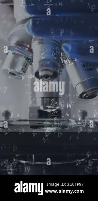 Science Laboratory Image Vertical video: Lab tech hand touching turret, rotating lens over stage ...