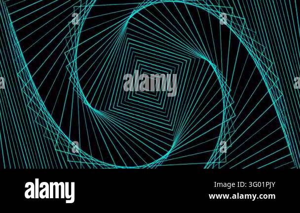 Hypnotic rotating square tunnel animation featuring glowing cyan lines ...