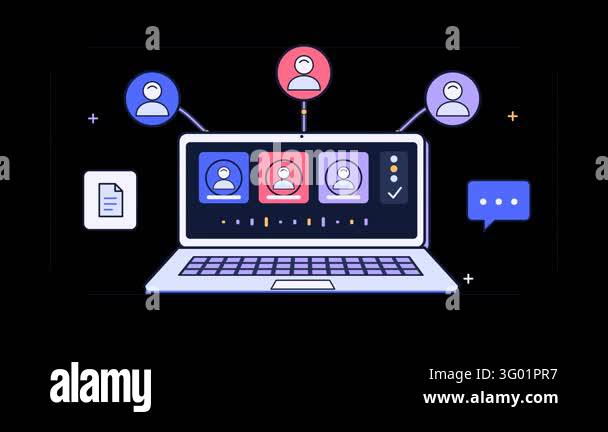 Animated flat design of an open laptop showing video conference ...