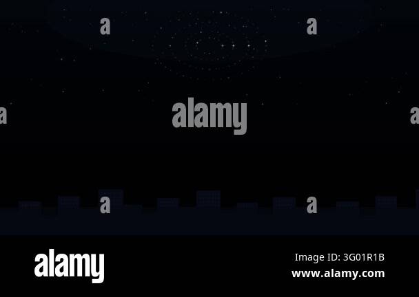 An animated night cityscape silhouette beneath a dark sky featuring a ...