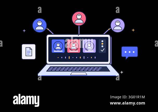 Animated illustration of a modern laptop displaying a video conference ...