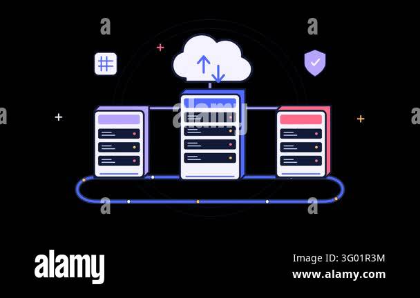 Animated server racks moving on a digital conveyor belt exchanging data ...