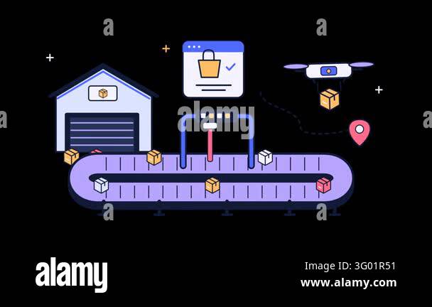 Clean flat design animation depicting automated logistics fulfillment ...