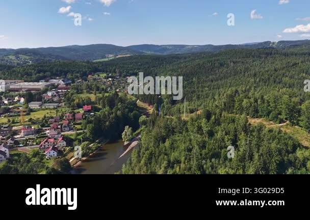 Smlll Image Daylight aerial landscape view shows small settlement following curves ...
