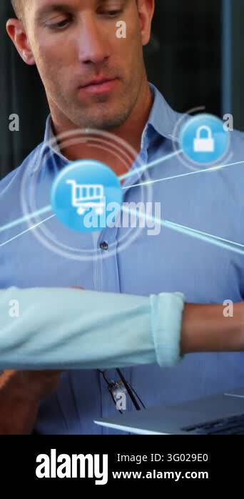 Vertical video: Man holding laptop, peer sweeping causing cart icon and ...