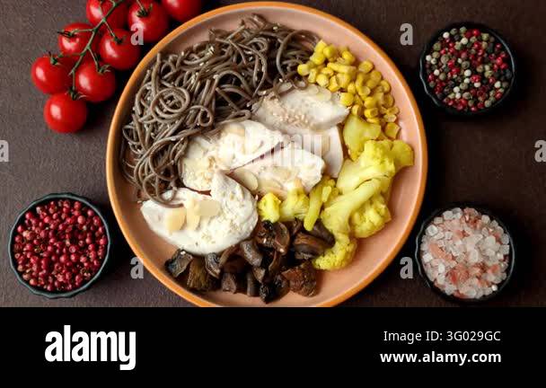 A bowl featuring slices of boiled chicken fillet, buckwheat noodles ...