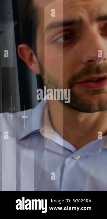 Gpu Vertical Vertical video: Talking man in blue shirt on set holding orange pen ...