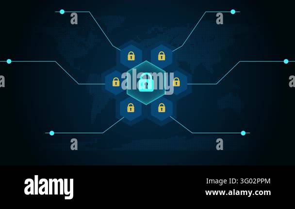 A glowing central lock icon protection across a hexagonal digital ...