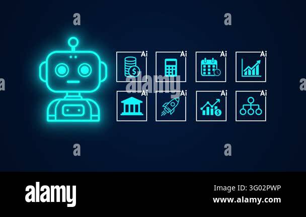 Robot with artificial intelligence icons showing functions and tasks ...