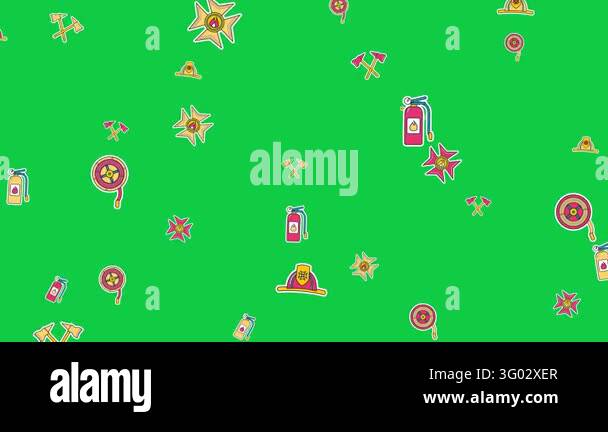Sticker style firefighter helmets, fire extinguishers, crossed axes ...