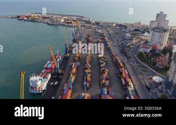 Durres Albania container port fills aerial view, with rows of ...