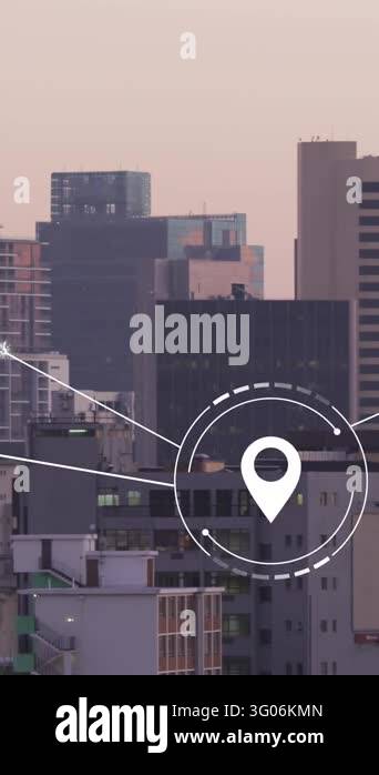 Animation of network of conncetions with icons over cityscape. Global ...
