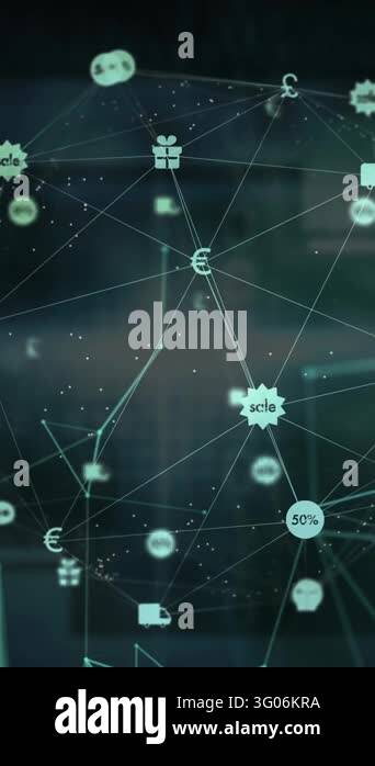 Animation of network of connections with icons and globe on black ...