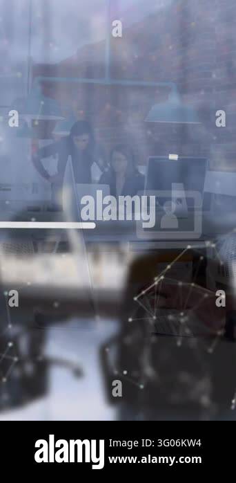 Animation of digital icons and network of connections against empty ...