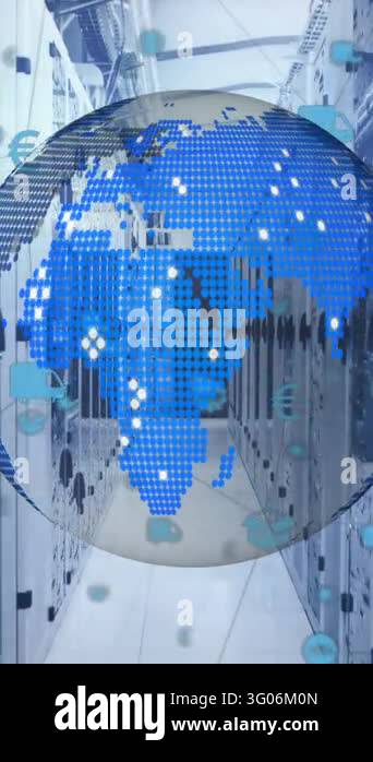 Animation of network of connections with icons and globe spinning over ...