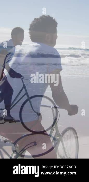 Animation of happy african american man on bike on beach. Holidays ...