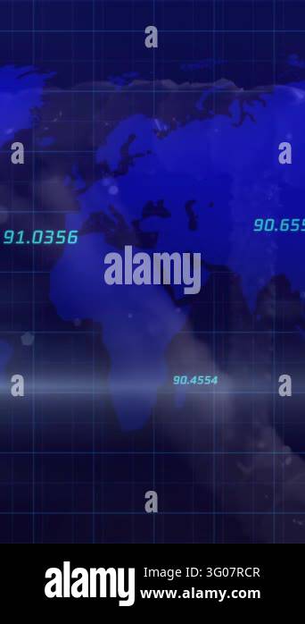 Animation of world map with numerical data overlay on blue grid ...