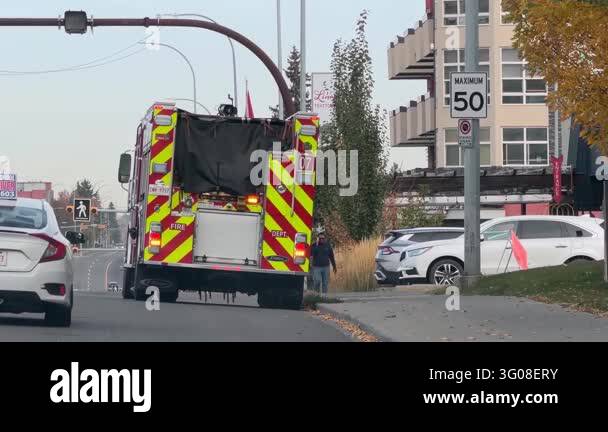 Calgary, Alberta, Canada. October 19, 2026. Rear view of a fire truck ...