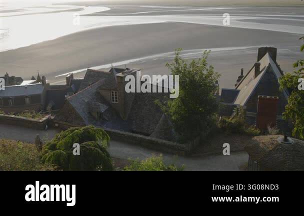 France Tree Elevated view over medieval stone rooftops and green trees at Mont ...