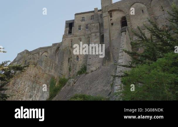 France Tree Low angle view of massive medieval stone abbey walls and arched ...