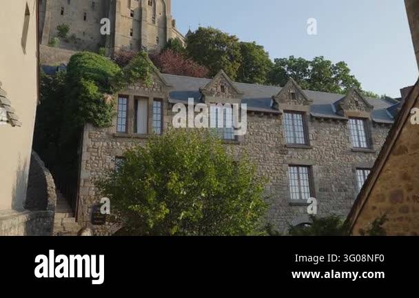 France Tree Low angle view of Mont Saint Michel Abbey rising above medieval stone ...
