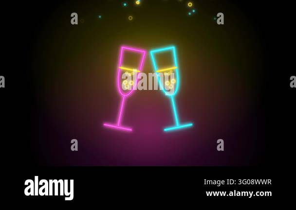 Neon champagne glasses toast then Happy New Year text writing on black ...
