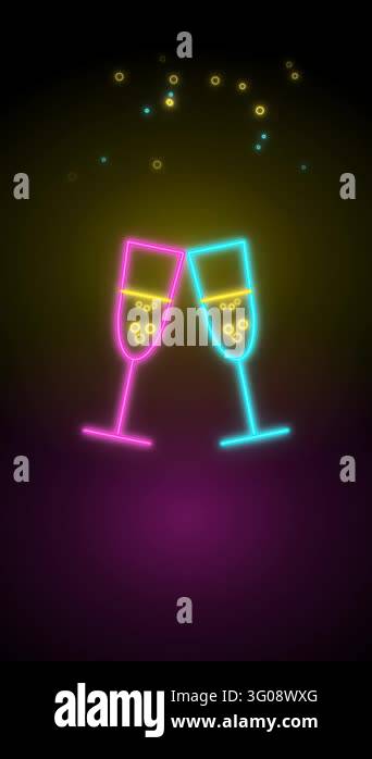 Neon champagne glasses toast then Happy New Year text writing on black ...