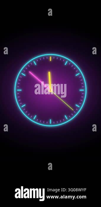 Neon clock striking midnight then Happy New Year text writing on black ...