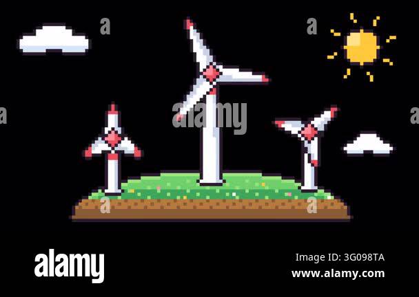 Retro pixel art animation of wind turbines spinning on a grassy hill ...