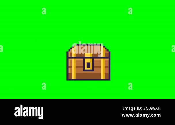 Retro style pixel art animation of a treasure chest opening on a green ...