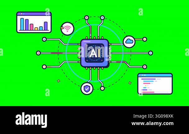 Futuristic AI chip central to interconnected circuits and data icons ...