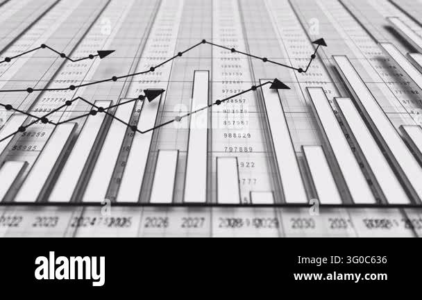 Abstract 3D loop of stock market style charts, bars and spreadsheet ...