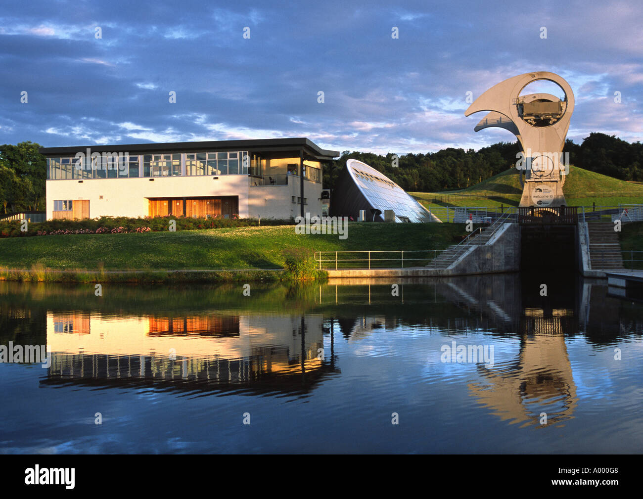 View of the famous Falkirk Wheel and visitor centre joining the Forth