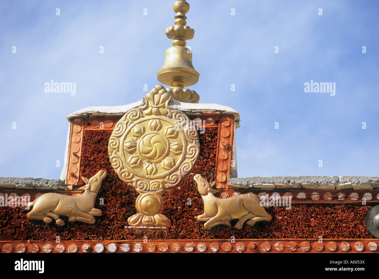 India Jammu Kashmir Ladakh Likir Gompa tibetan buddhist monastery buddhist symbology Stock Photo