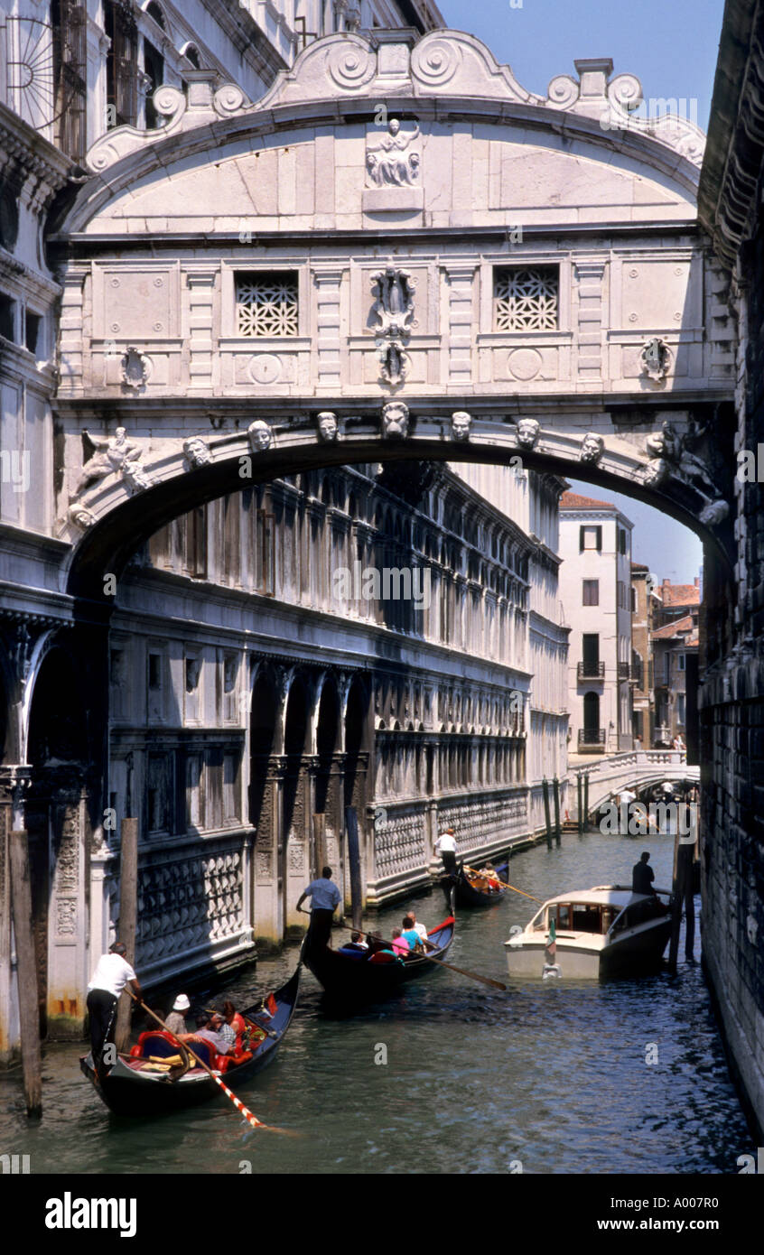 Italy Venice Gondola Gondolier water Bridge of Sighs Ponte dei Sospiri Doges Palace Prisons Casanova Stock Photo